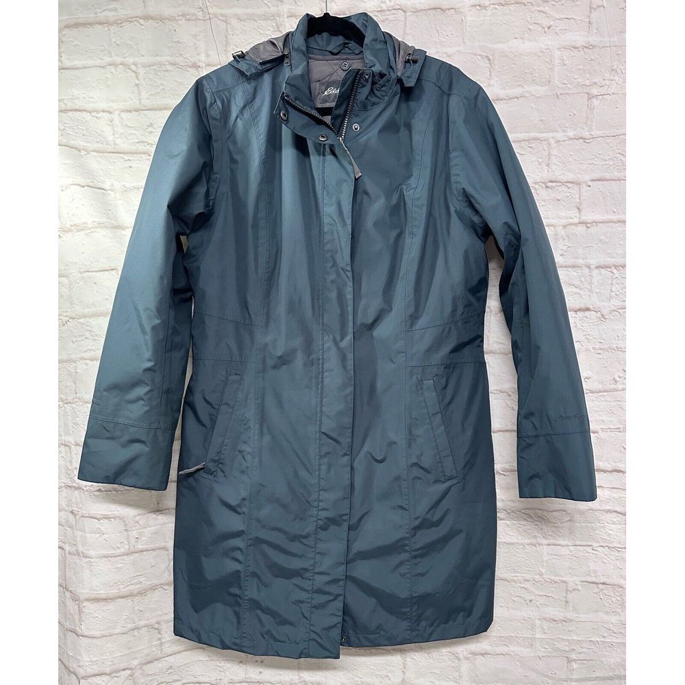 Eddie Bauer Women Insulated Trench Rain Coat Blue Green T-XL Removable Liner